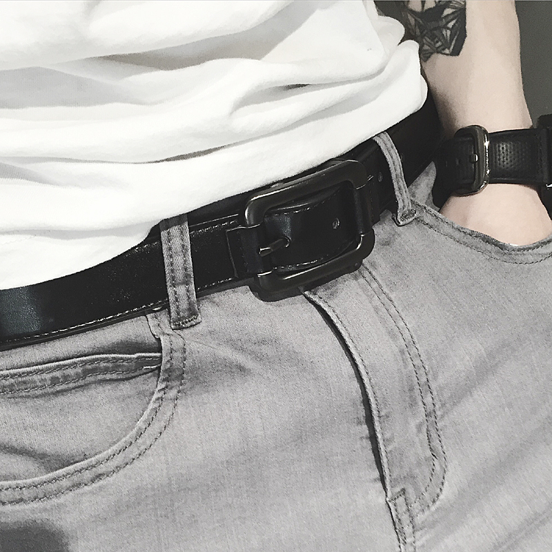 Korean men's thin belt black casual pants belt simple British style boys leather trousers narrow belt