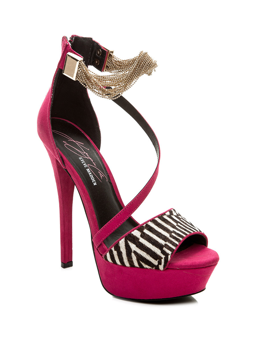 Steve Madden/思美登 玫红色斑马纹一字带珠串踝带后拉链高跟凉鞋
