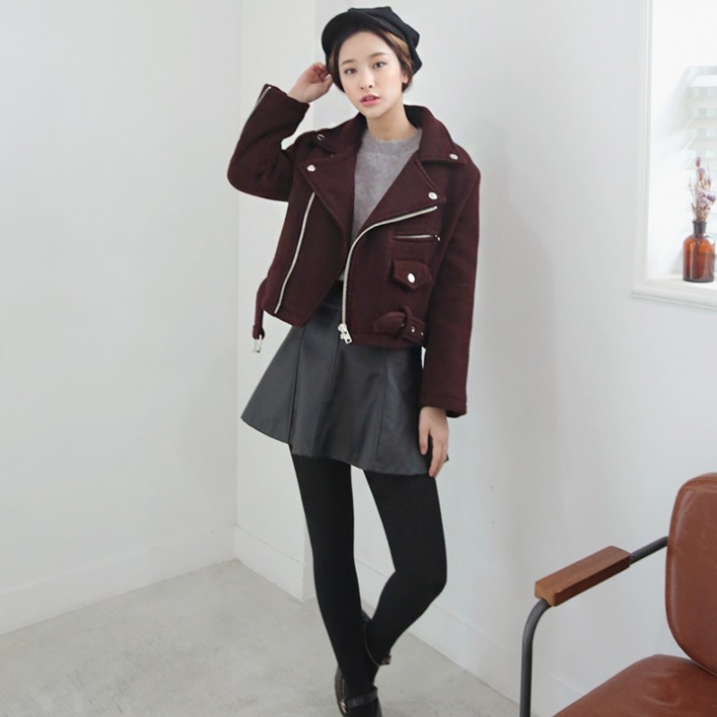 韩国stylenanda官方正品 糖果纯色斜线拉链短款骑士夹克-酒红色