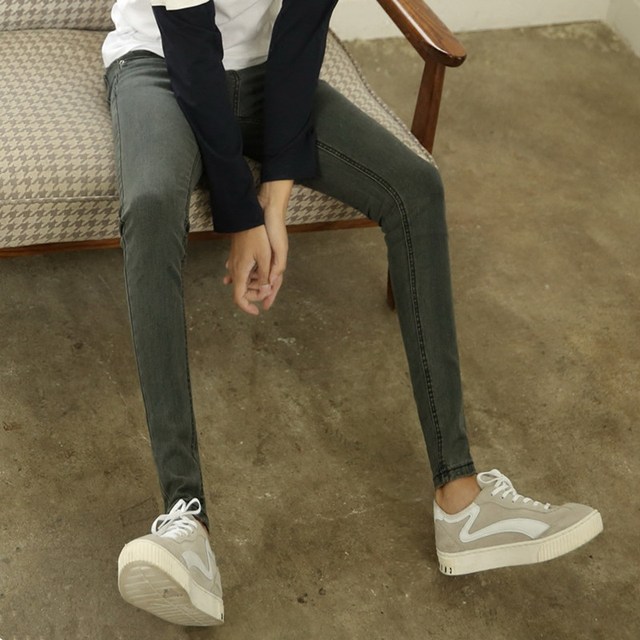 Solid Color Casual Men's Korean Style Jeans Slim Fit Small Foot Fit Elastic Trousers Super Elastic Boys Pencil Pants