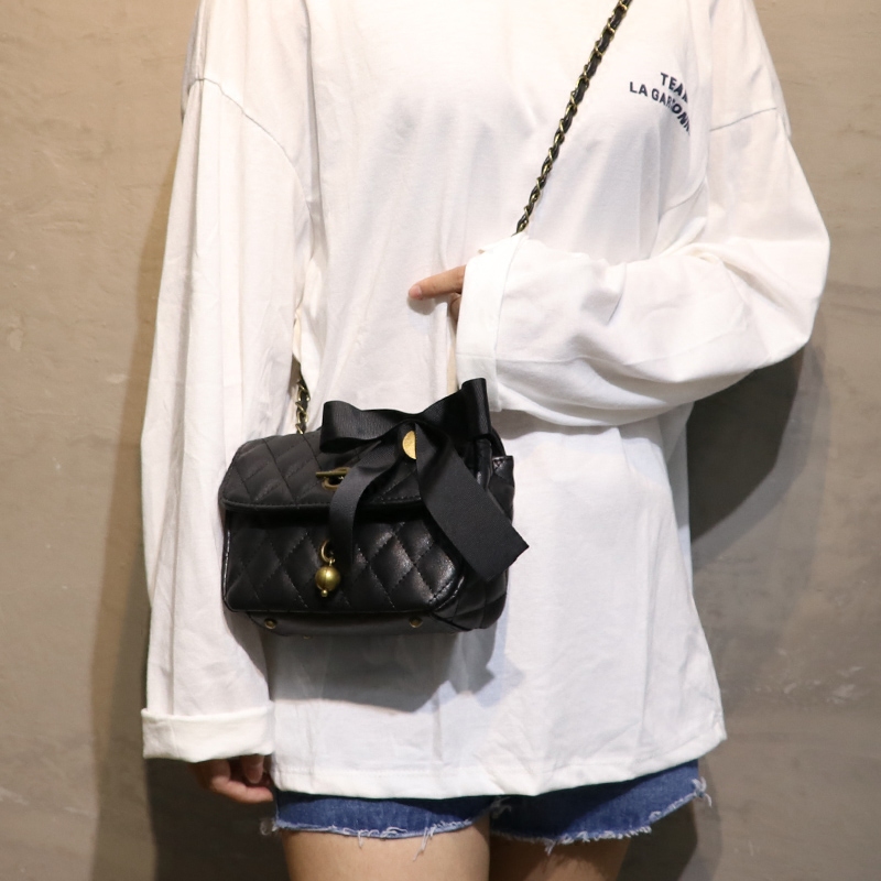 韩国ulzzang小包包女2017新款菱格链条小方包蝴蝶结单肩斜挎包潮