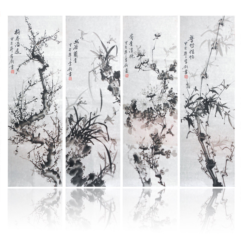 National Painting Flower Bird Painting Composition Four United Meranju Bamboo Pure Hand Painted Real Handwriting and Manuscript Living Room Office Feng Shui Hang Painting