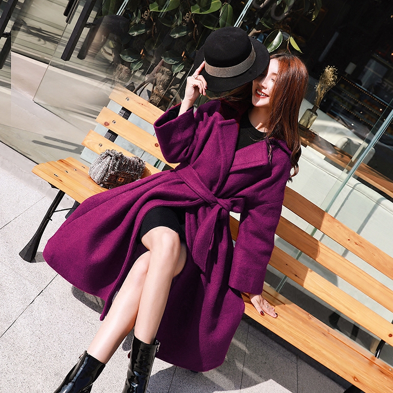 UNILady2017秋冬新款气质名媛修身显瘦绑带中长款紫色毛呢外套女