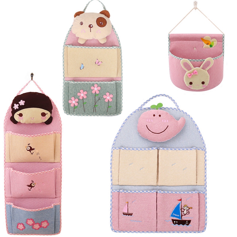 Cartoon Bear Multilayer Cloth Art Cute Wall Pink Cashier Bag Cotton Linen Wall-mounted Door Rear Debris containing hanging bag