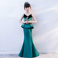 Đầm ren xanh mới thời trang giả hai cô gái Kiểu dáng đuôi cá thon dài catwalk dạ hội 2018 quần áo trẻ con
