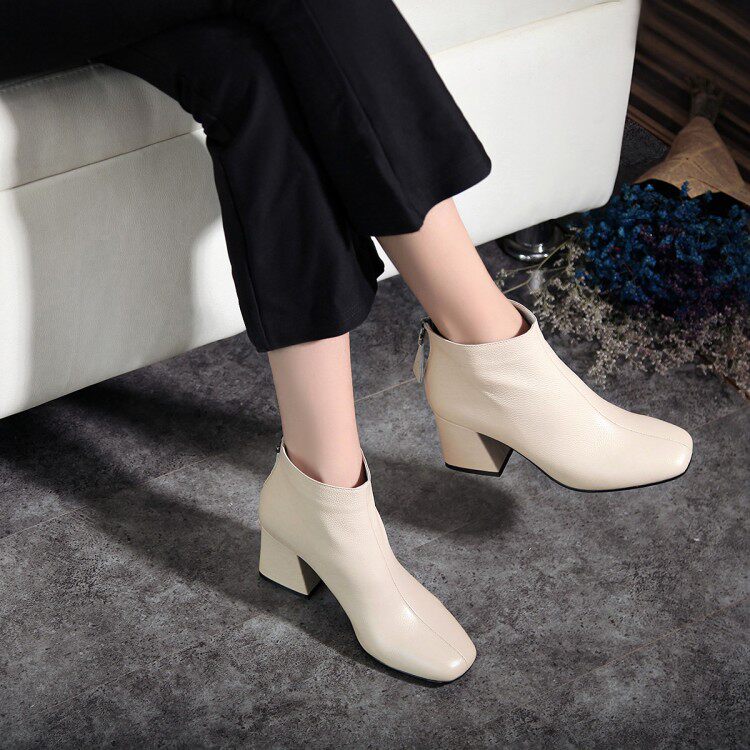 Martin boots thick heel white square toe medium heel French Chelsea beige short boots women's spring and autumn single boots leather new style