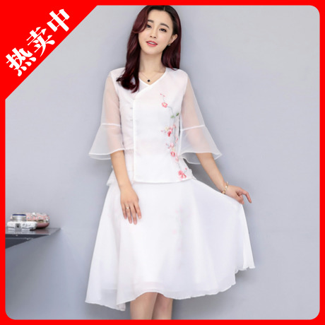 韩版女春夏季喇叭短袖V领绣花棉麻上衣+半身裙子两件套装连衣裙