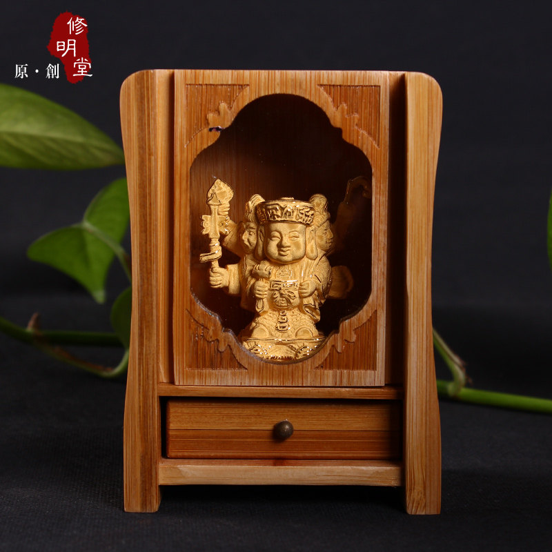 修明堂 开光密宗大黑天三面财神随身佛龛 大黑天 弁才天 毗沙门天