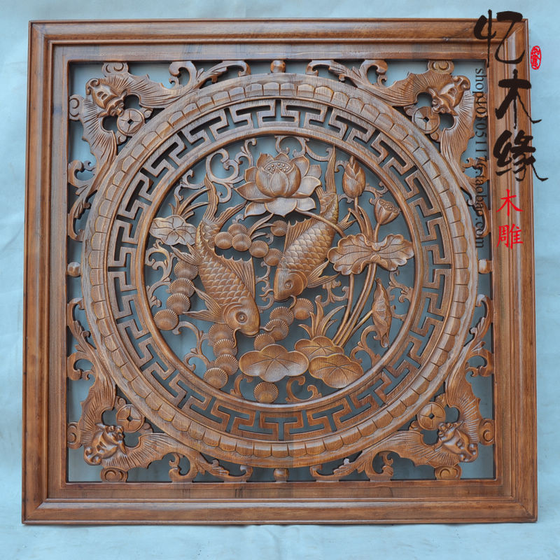 Dongyang wood carving fragrant Zhangmu solid wood pendant square 80 TV background wall hanging screen Chinese imitation ancient Xuanguan partition