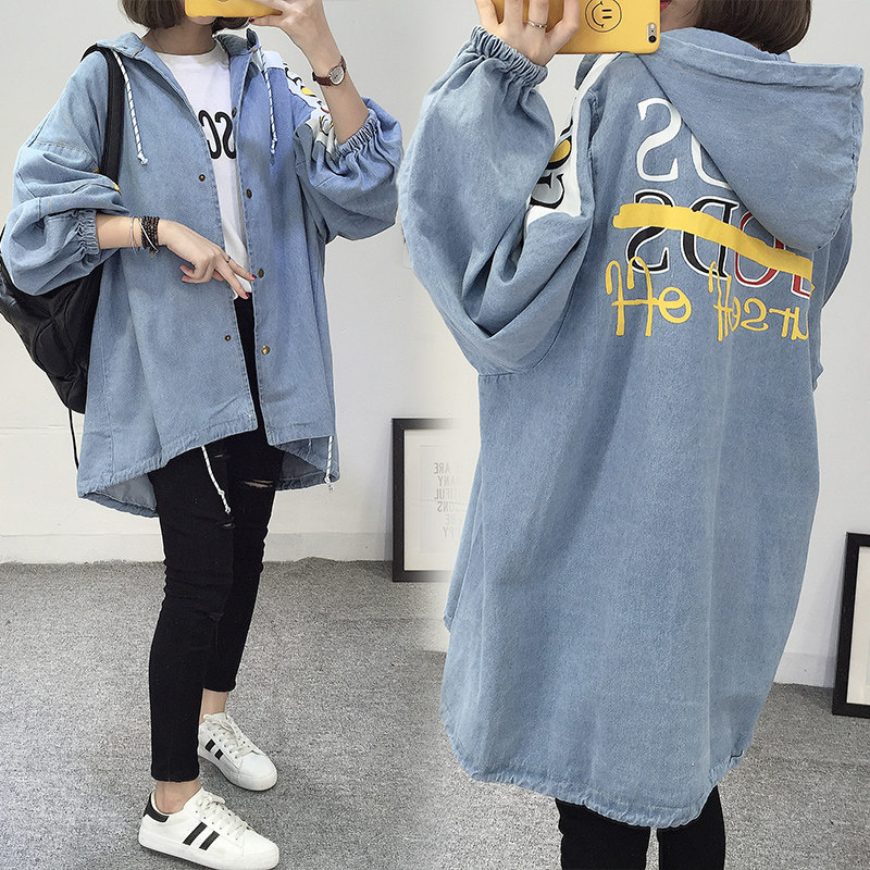 New gestational woman dress denim jacket fashion exterior wearing Korean version large size loose medium long version with cap spring and autumn blouses