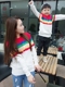 Phụ huynh-trẻ em 2018 xuân hè mới ba vòng cotton dài tay cổ tròn và áo len nhung sọc len cầu vồng bộ pijama cho gia đình 3 người Trang phục dành cho cha mẹ và con