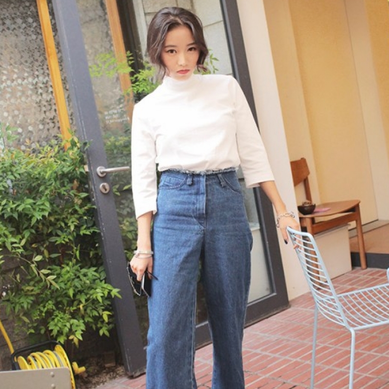 韩国stylenanda官方正品 简约纯色后背拉链高领T恤-白色