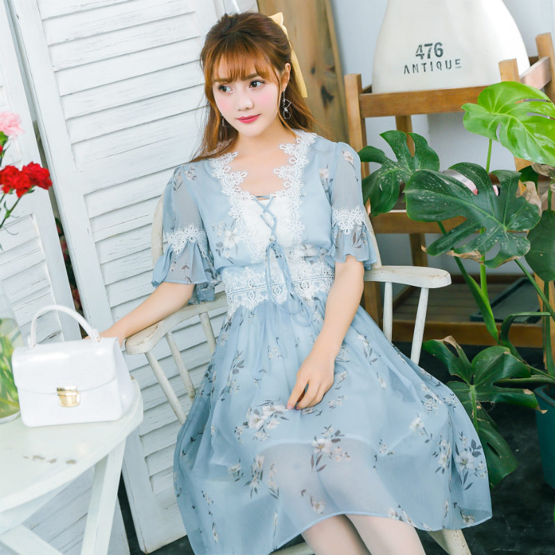 公主家夏季淑女小清新蕾丝边V领系带小碎花雪纺裙显瘦连衣裙