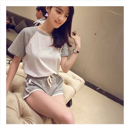 2017春夏新款两件套 插肩袖短袖T恤开衩短裤休闲运动套装女韩版