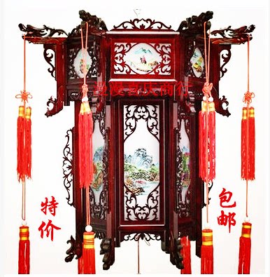 Chinese landscape painting Antique imitation sheepskin wooden palace lamp Wood carving Teahouse Hexagonal palace lamp Red lantern 