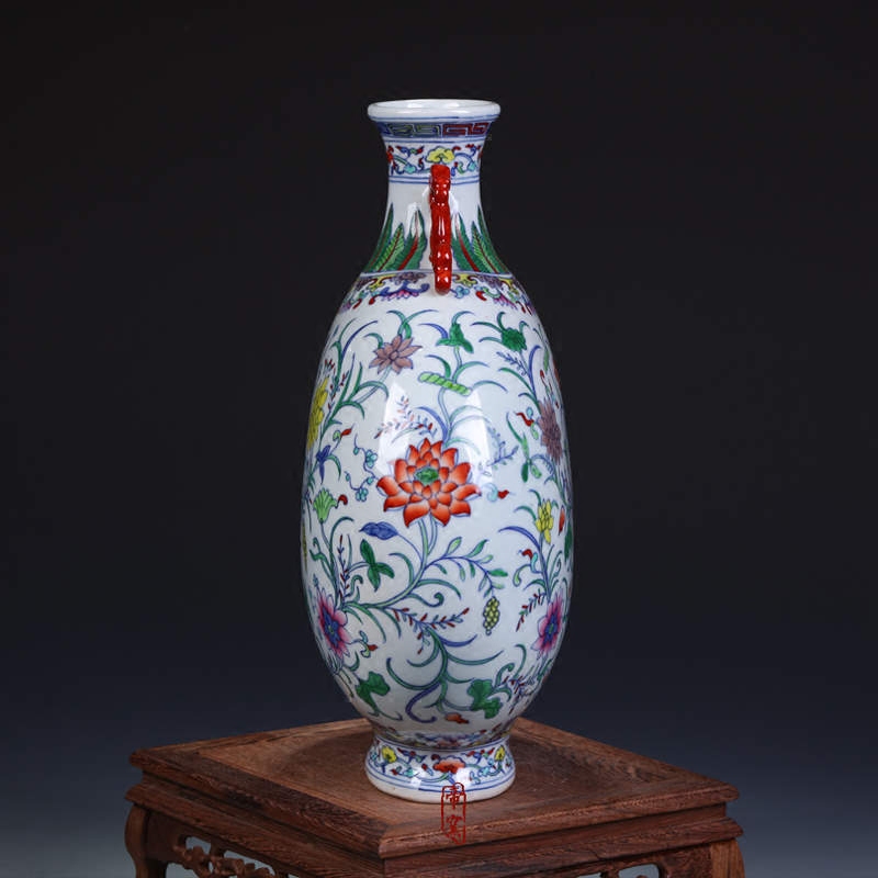 Jingdezhen porcelain factory goods cultural revolution hand - made porcelain dou colors lotus flower grain ears flat bottle vase home furnishing articles