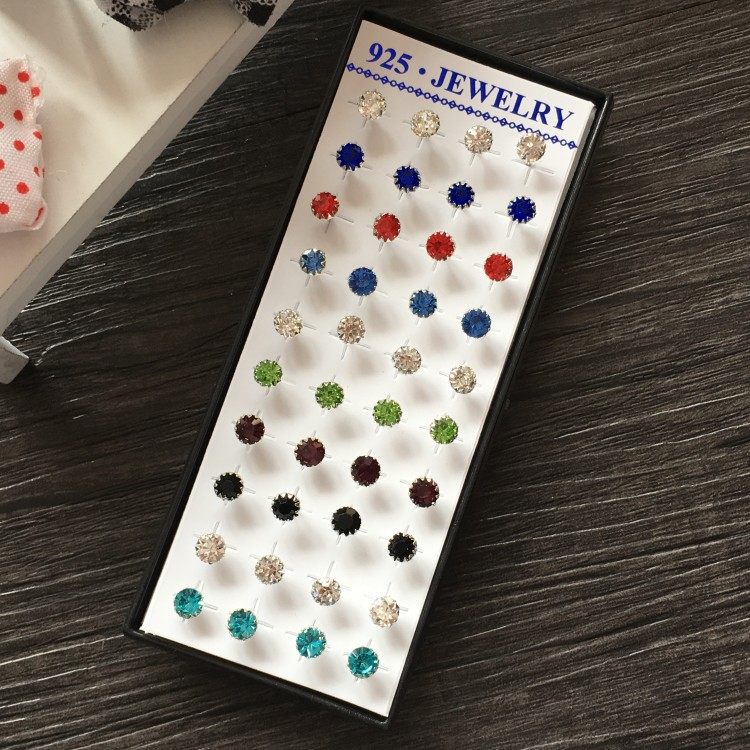 925 silver needle bag drill white colored water drill anti-allergy ear pin 20 pairs of delicate case ear pin small ornaments