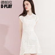 Mùa hè mới Châu Âu và Mỹ vòng cổ trắng ngắn tay áo eo dress vòng tròn hollow ren ren váy