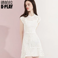 Mùa hè mới Châu Âu và Mỹ vòng cổ trắng ngắn tay áo eo dress vòng tròn hollow ren ren váy đồ nữ đẹp