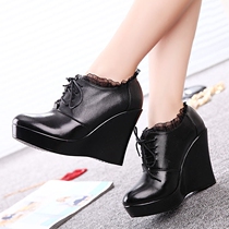 Spring and Autumn New Leather High Heel Single Shoes Deep-mouth Lace Shoes Work Shoes Slope Heels Thick-soled Leather Shoes Casual Comfortable Womens Shoes
