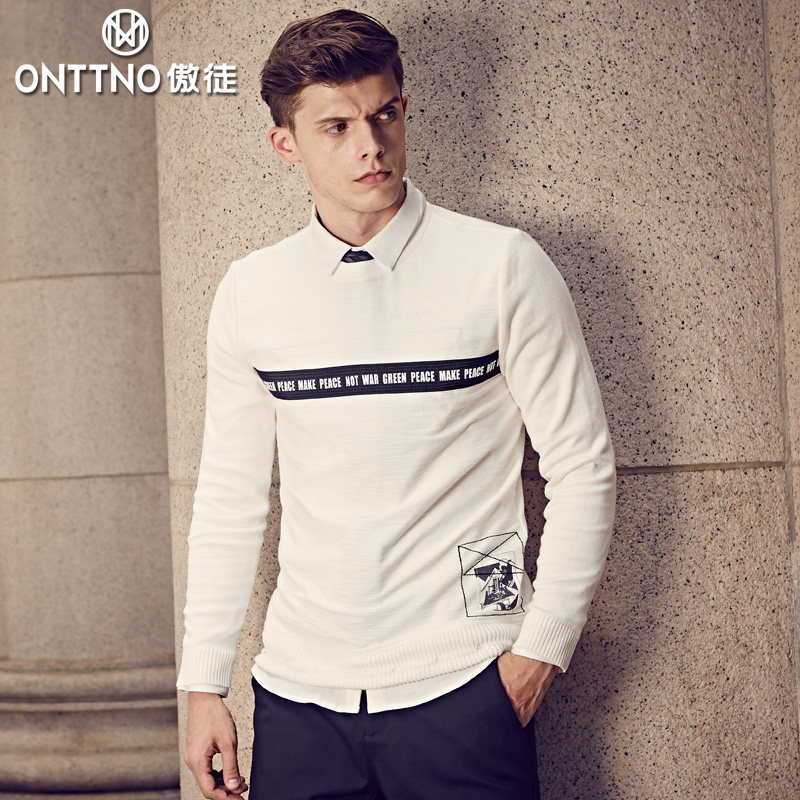 毛织下摆可调节伸缩带 傲徒秋冬新款韩版青年修身长袖印花T恤