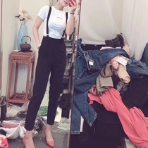 High waist bib pants women 2021 new Korean version loose suit nine-point pants casual small pants spring and summer Harlan pants women