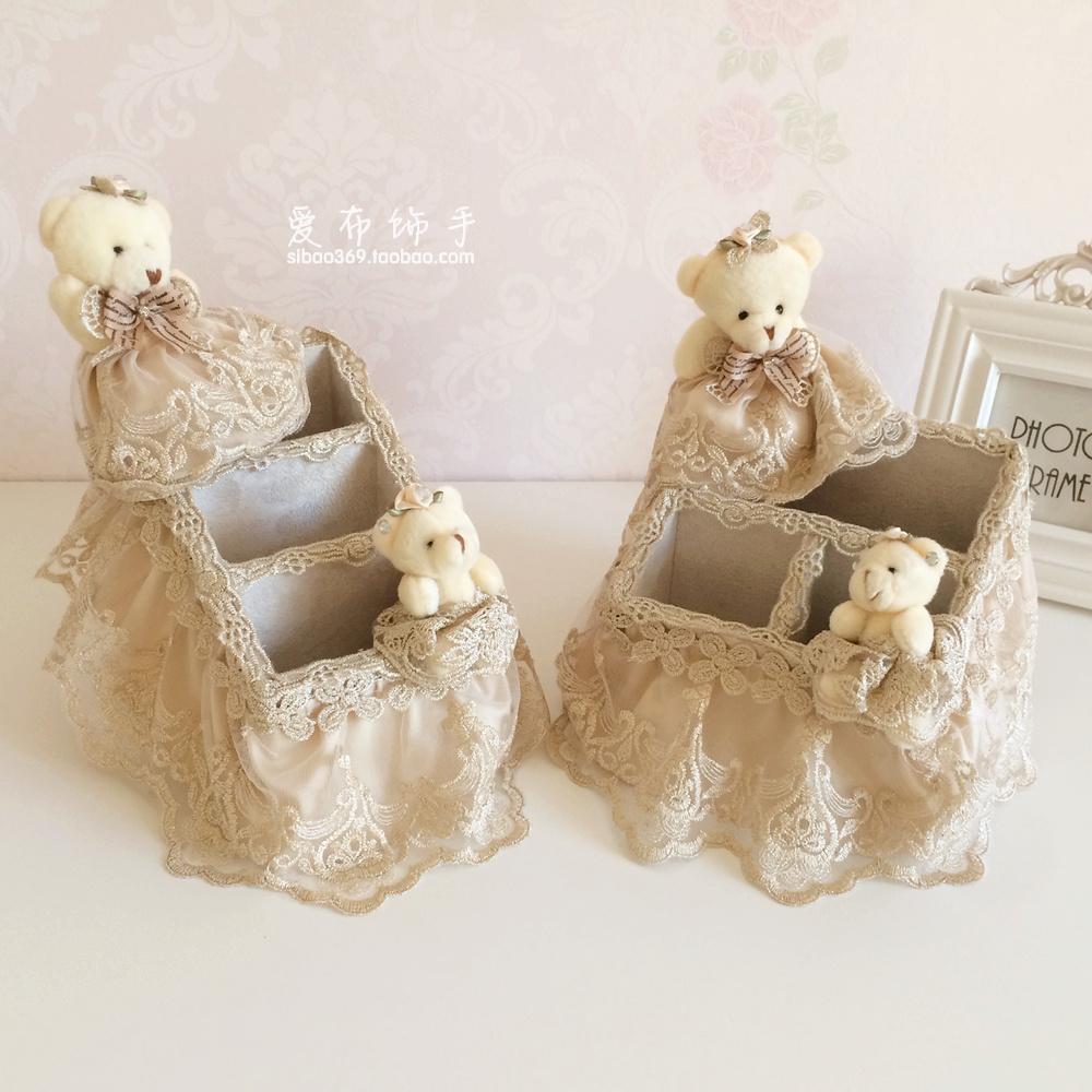 Champagne color high-grade European-style satin cloth home decoration multi-purpose finishing storage basket lace doll remote control basket