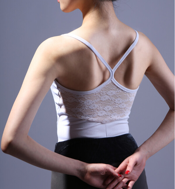 Professional adult female ballet dancer harness back lace workwear to suit white black performance dress