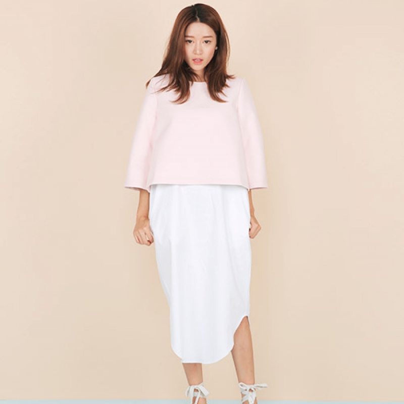 韩国stylenanda官方正品 不同面料拼接后背拉链圆领连衣裙-粉色