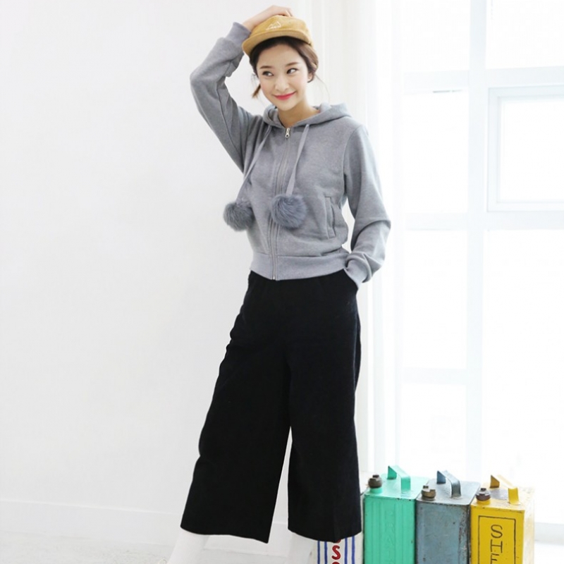 韩国stylenanda官方正品 可爱狐狸毛球抽绳连帽开衫-灰色