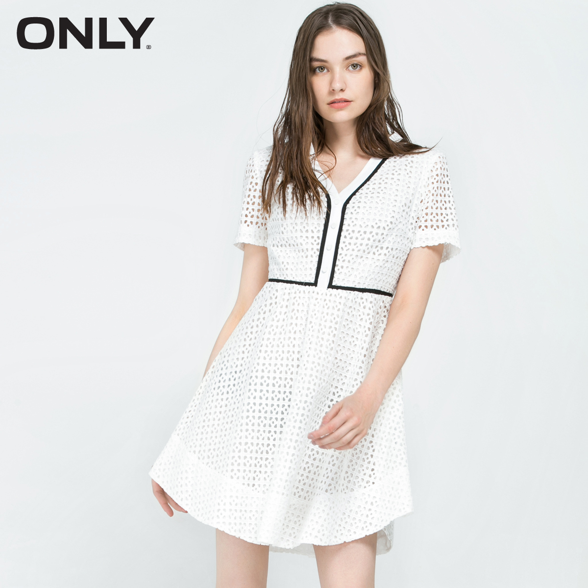 ONLY2016夏装新品纯棉镂空双层纽扣A字连衣裙女L|116207002