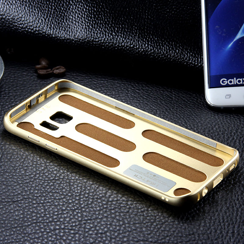 iMatch Luxury Aluminum Metal Bumper Premium Genuine Leather Back Cover Case for Samsung Galaxy S7 Edge