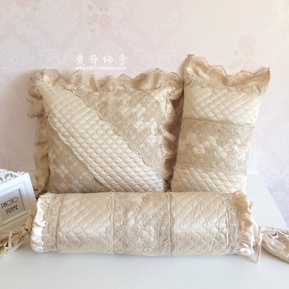 Eurostyle Princess Bed Accessories Silk Satin Champagne Golden Square Pillow Holding Pillow Cute Lace Lace Back Cushion Candy Pillow
