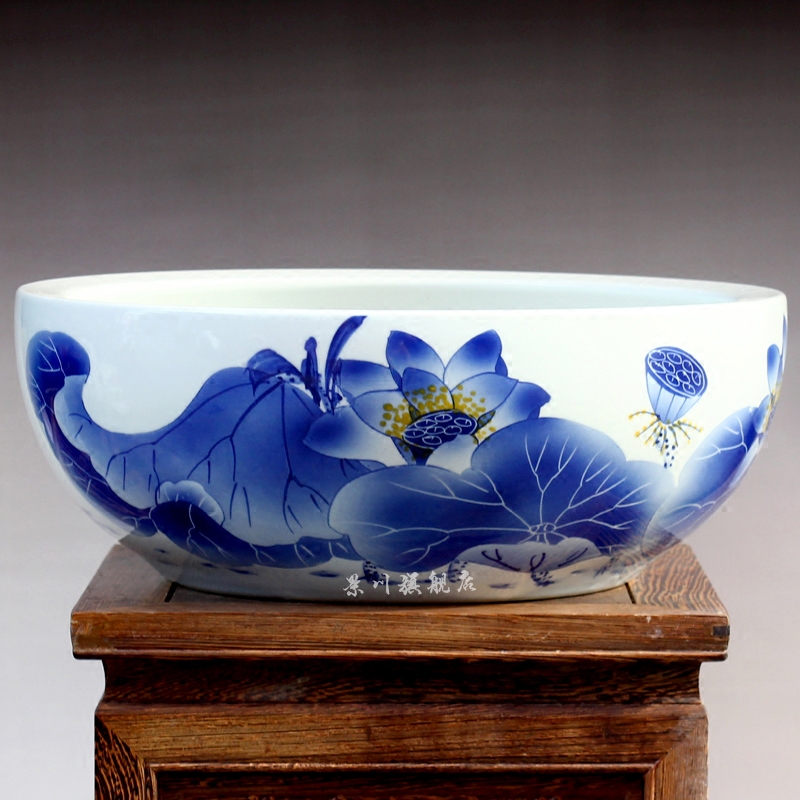 Jingdezhen ceramics hand - made water lily bowl lotus goldfish turtle cylinder for peony bamboo fish bowl year after year shallow water
