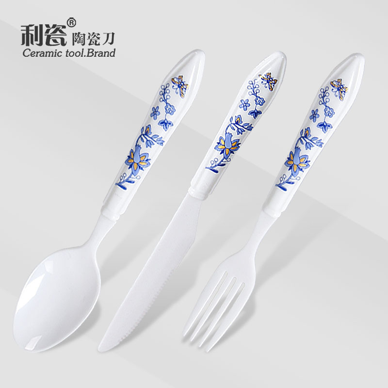 Ceramic Knife, Fork, and Spoon Western-Style Dinner Set, Three-Piece Ceramic Knife, Fork, and Spoon Set, Premium Ceramic Gift Box, Blue and White Porcelain Set