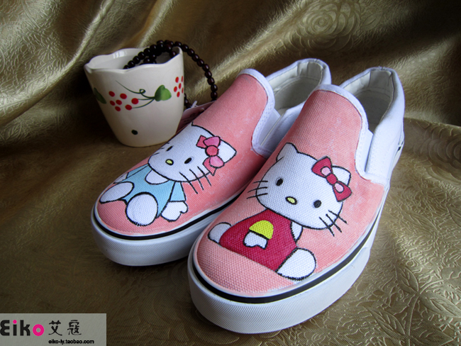 Original Handcrafted Painting Pure Handmade Hand-painted Female Canvas Board Shoes Hallo Kitty Kitty Cat Pattern Special Price Free-Taobao