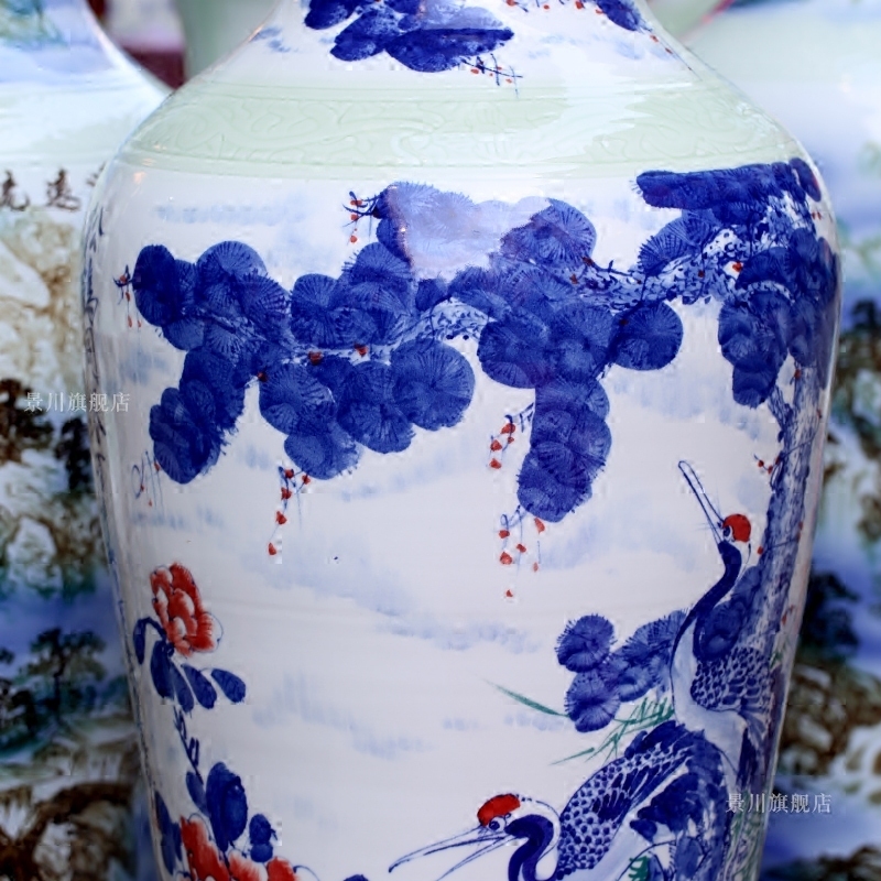 Jingdezhen ceramics hand - made pine crane with spring figure of large vases, sitting room of modern Chinese style household decorations