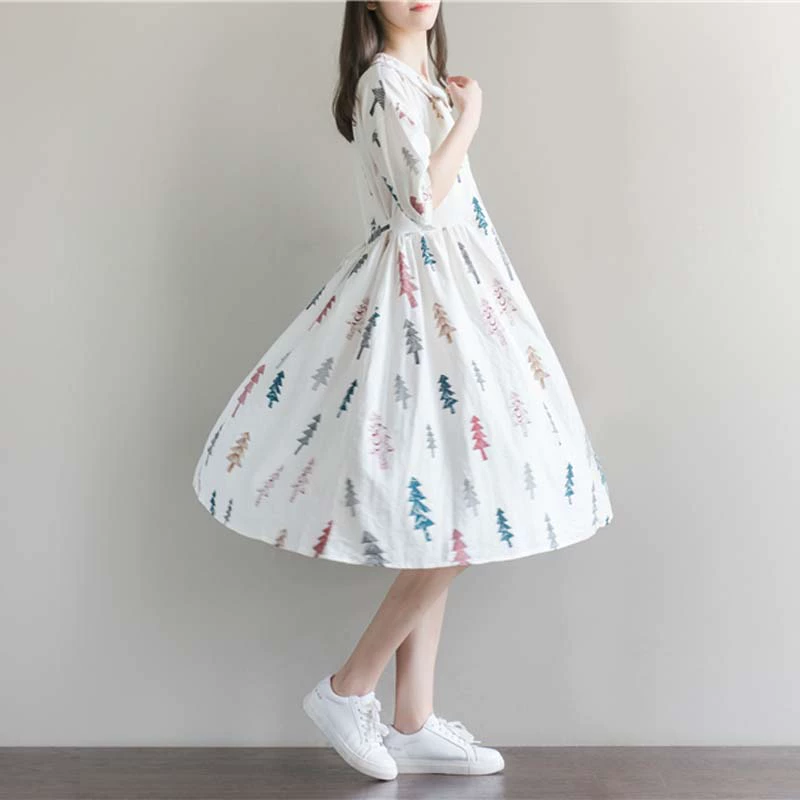 Mùa xuân và mùa hè năm 2021 lỏng lẻo cộng với kích thước của phụ nữ văn học quạt bông in búp bê cổ áo tay áo váy học sinh váy dài - váy đầm