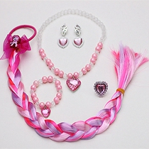 Childrens Pearl Necklace Set Braid Bracelet Ring Earrings Girl Wig Headwear Pony Polly Hair Jewelry