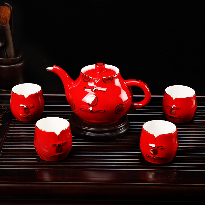 Chinese red porcelain tea set suits for ipads porcelain tang suit five ceramic teapot teacup wedding gift blessing xiang feels ashamed up