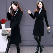 Áo khoác len nữ màu đen mùa đông 2018 phiên bản Hàn Quốc mới của phần dài cộng với áo độn bông nhỏ nam thắt lưng bằng len