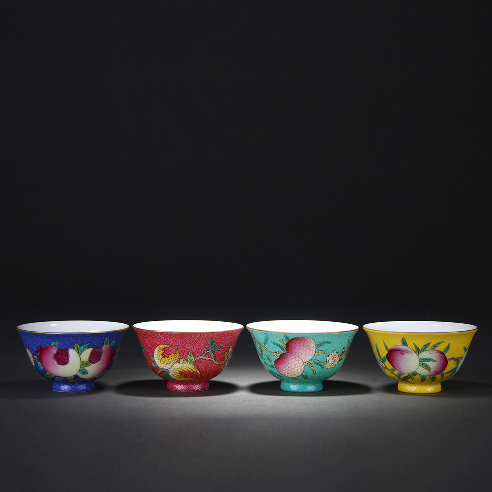 Treasure porcelain Lin pick flowers set of four fruit lucky cup set of four cups of jingdezhen steak hand - made the add crafts