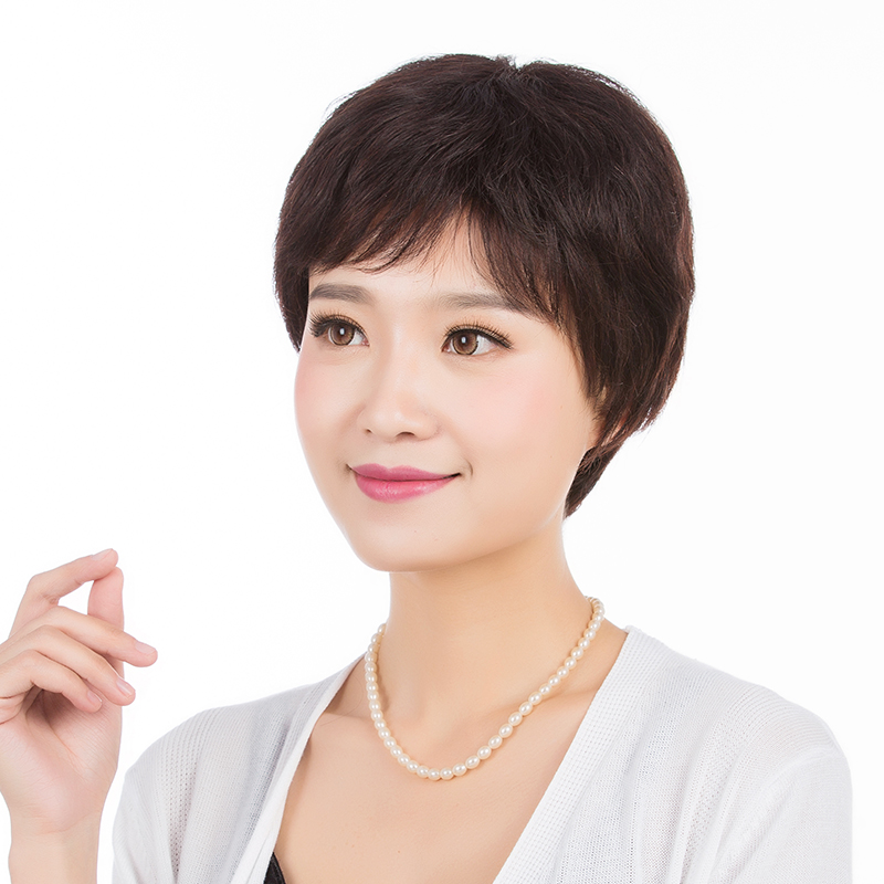 一枝花假发女短发中老年妈妈真发短卷发斜刘海假发套圆脸逼真自然