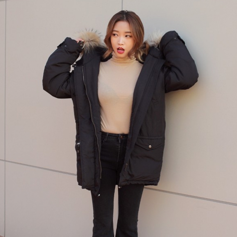 韩国stylenanda官方正品 休闲配色毛领连帽棉外套-黑色