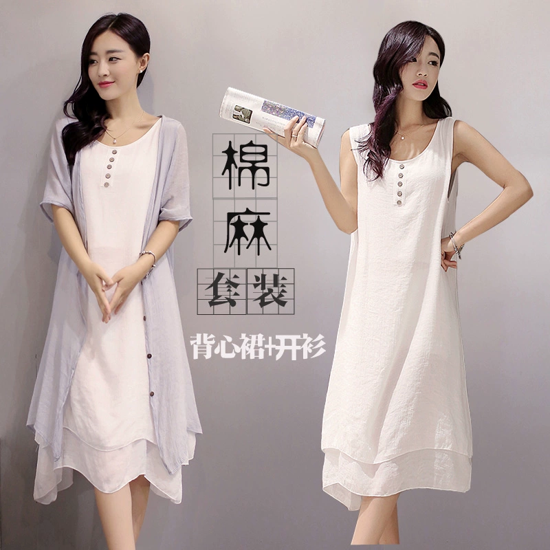 Phụ nữ mang thai mùa hè váy dài cotton và vải lanh ăn mặc văn học retro hai mảnh phù hợp với tính khí mùa hè phụ nữ mang thai bộ đồ lanh giản dị - Áo thai sản