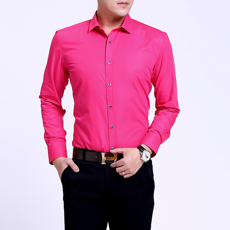 Spring and Autumn Men's Long-Sleeved Shirt, Solid Color Diamond Button Rose Red Men's Shirt, Korean Style Fashionable Slim Fit Groom's Shirt