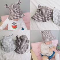 2021 Spring and Autumn new childrens cap foreign trade cotton linen bear ears male and female baby baby Plaid fisherman hat INS INS