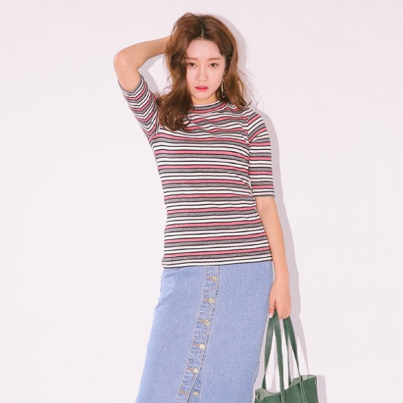 韩国stylenanda官方正品 炫彩条纹短袖T恤-浅粉色