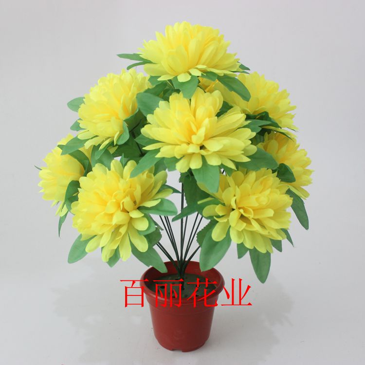 Emulated flower 12 head green leaf sweeping tombs chrysanthemum July Semi sacrificial on grave fake flower plastic flowers cheap silk flowers