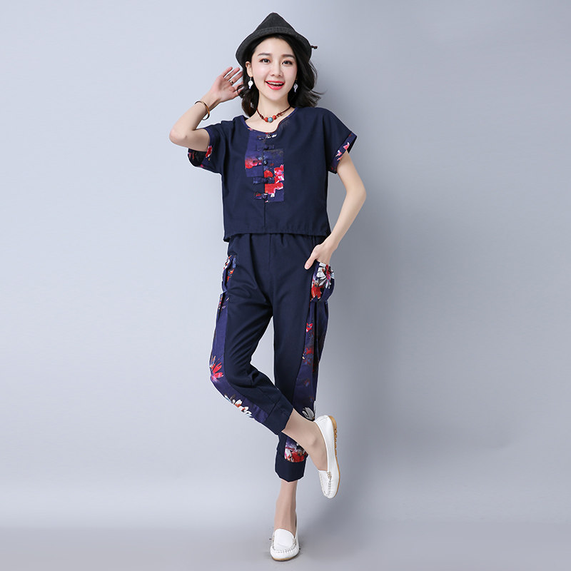 时尚特价女装2017新款春夏季短袖民族风棉麻衣服拼接上衣裤子套装